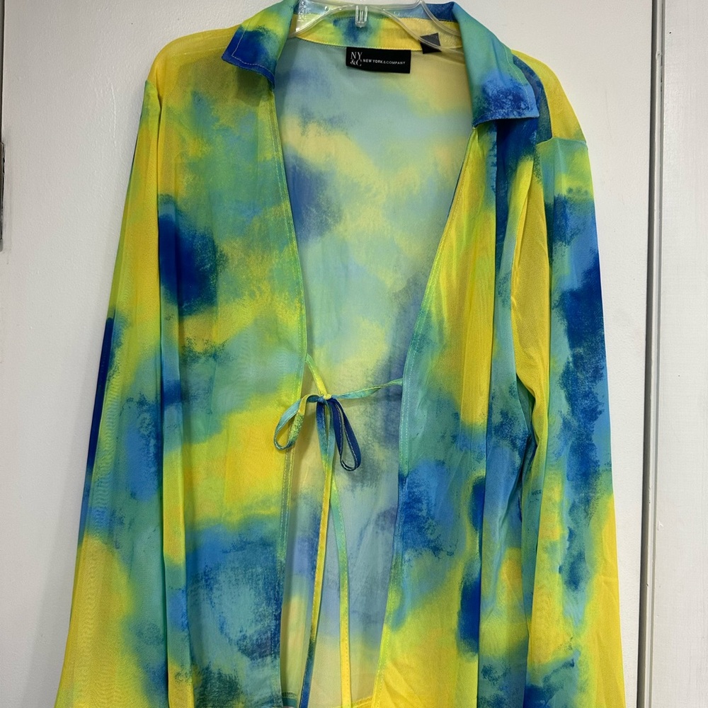 New York & Company Yellow and Blue Tie-Dye Blazer